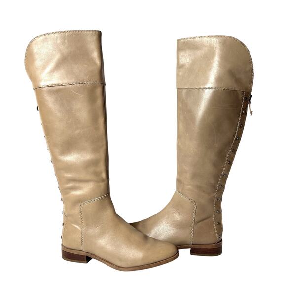 Franco Sarto Knee High Womens 7M Riding Boot Beige Leather Casual Zip Up Studded - Picture 3 of 9